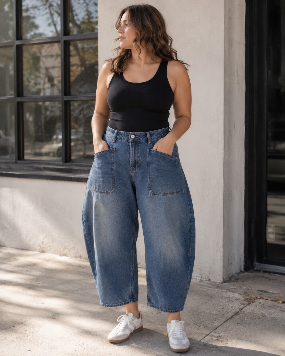 Cropped Barrel Jeans 10 Blue Bow Leg Denim Huge Bucket Pockets Utility